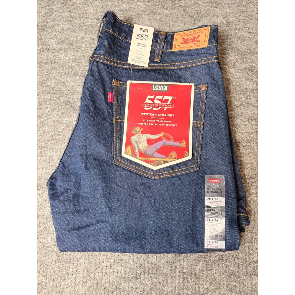Levis 557 Western Straight Jeans Mens 36x36 Indigo Blue Stretch Cowboy Denim
